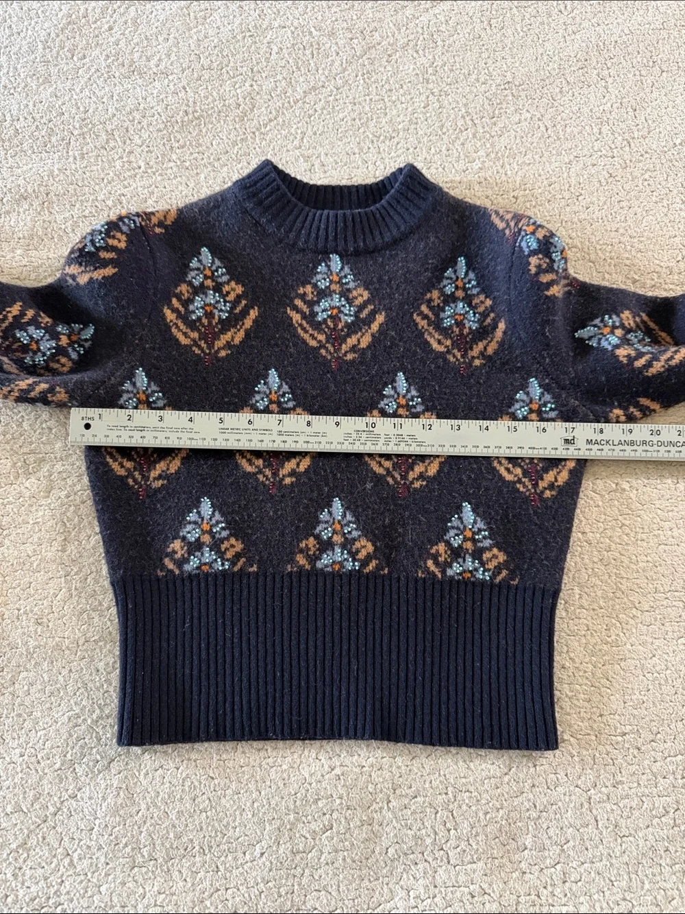 Tory Burch 100% Wool Beaded Navy Crewneck Sweater with Light Blue and Tan Motifs